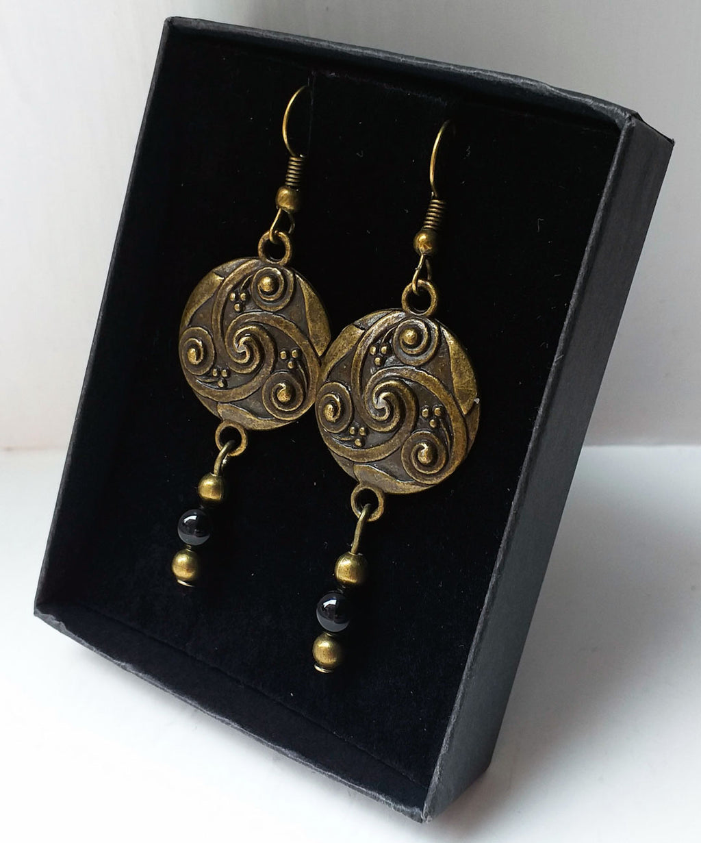 Earrings - Bronze Spiral Disc with Onyx Gemstone