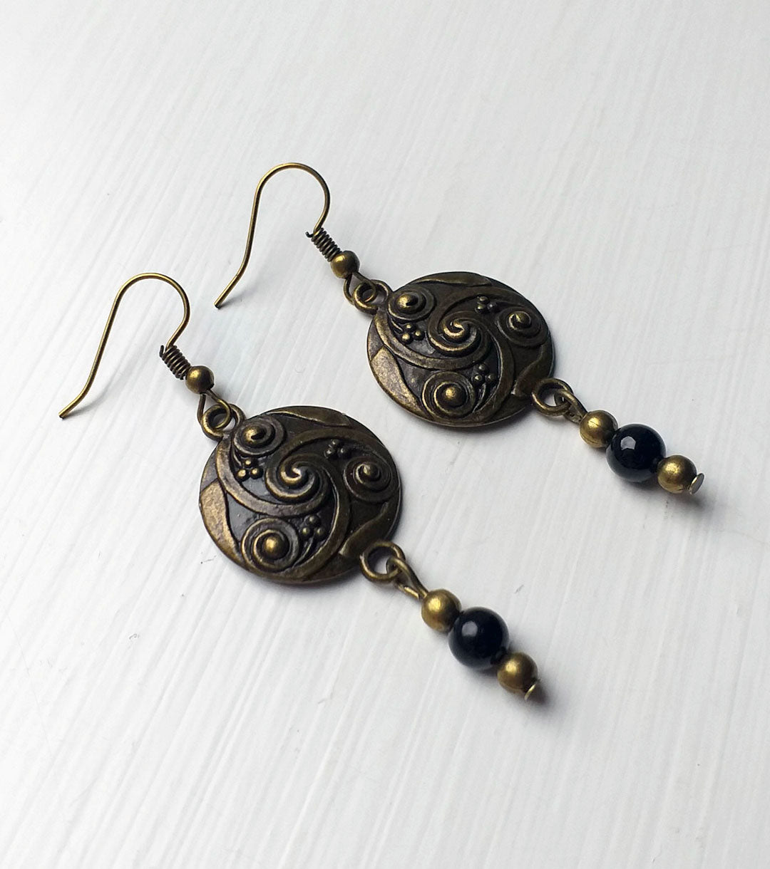 Earrings - Bronze Spiral Disc with Onyx Gemstone