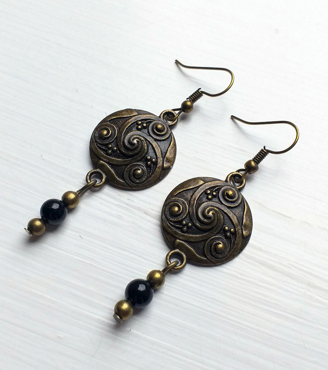 Earrings - Bronze Spiral Disc with Onyx Gemstone