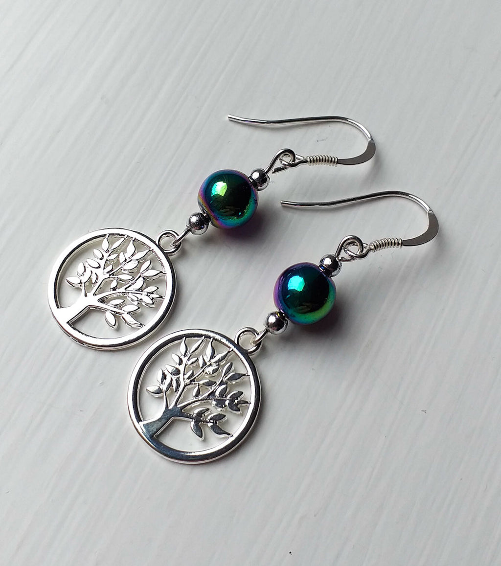 Earrings - Hematite Gemstones with Tree of Life