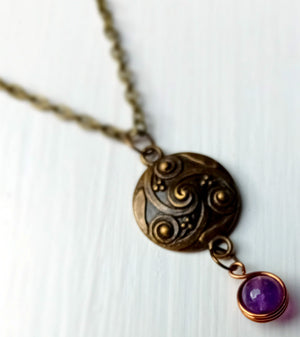 Necklace - Bronze Amethyst Disc Pendant