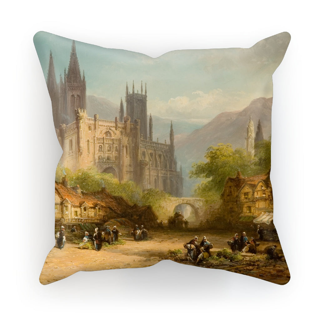 Cushion - Market Day at a Town in Normandy, France by Henry Foley